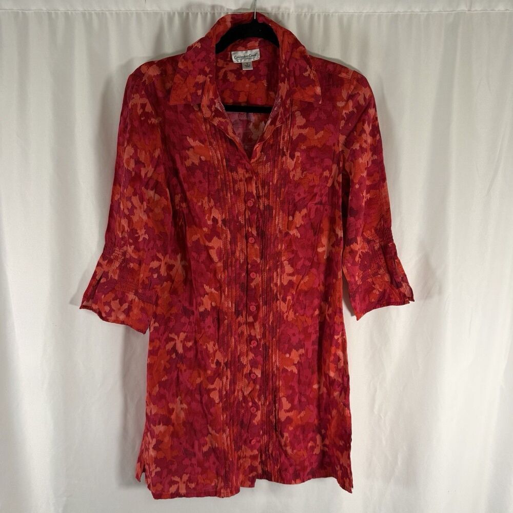 Coldwater Creek Dress Women's Small Red Orange Floral Button Front Collared